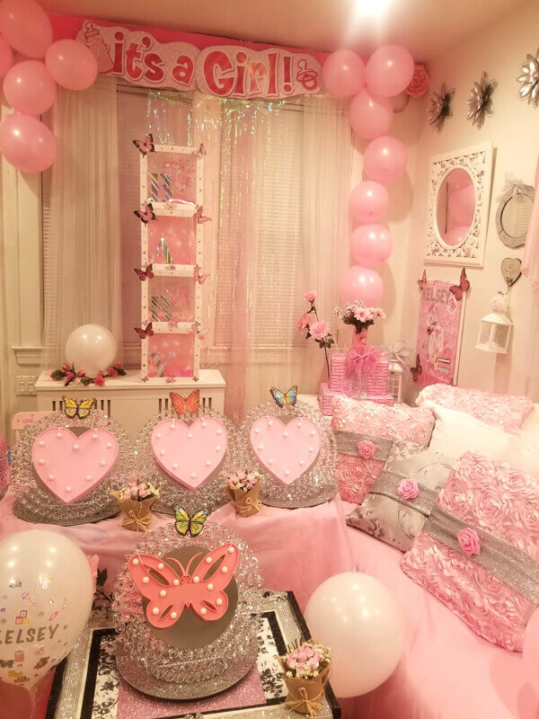 Alluring Baby Shower Party Décor Featuring Balloons, Curtains, Wall Decals, Faux Flowers, & Boxes