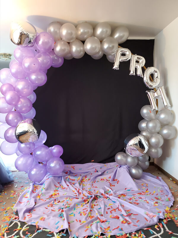 Peppy Prom Backdrop Decoration With Foil Letter Balloons, Pearl & Orbz Balloons & Curtain Panels