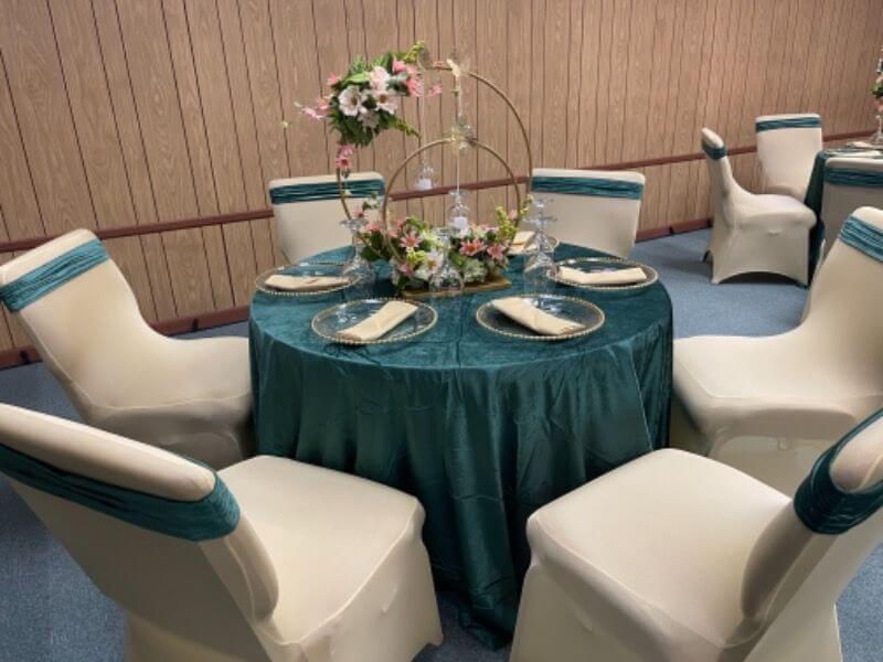 Stylish Table Setting With Tablecloth, Chair Covers, Sashes, Metal Hoop Stand, Chargers