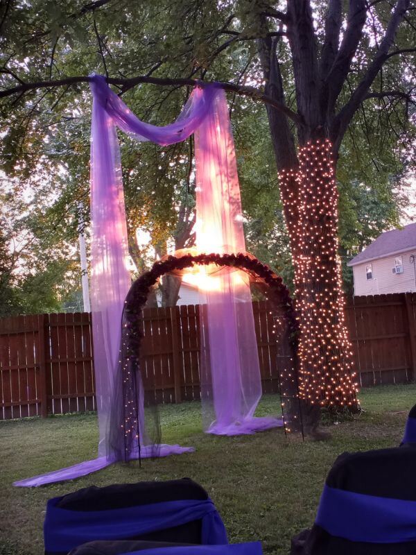 Luminous Wedding Arch With Metal Arch, Flower Garlands, Organza Fabric And Fairy Lights