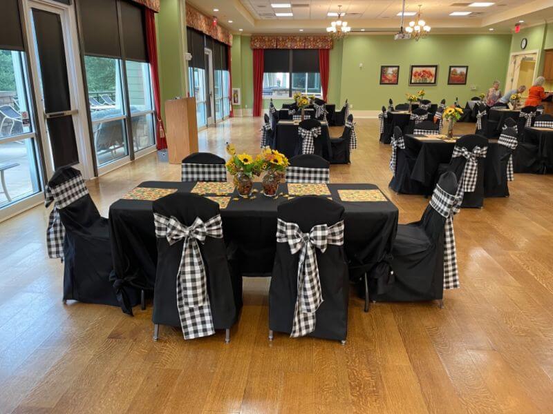 Country Themed Party Décor With Tablecloth, Chair Covers, Sashes, Glass Vase & Sunflowers