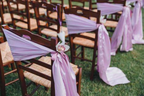 Chic Chair Décor Featuring Satin Chair Sashes With Artificial Butterfly Orchid Silk Flower Heads