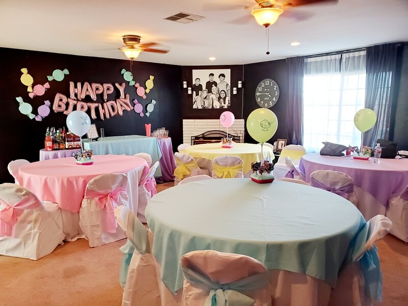 Cute Indoor Party Décor With Tablecloth, Overlay, Chair Covers, Sashes, Balloon Stand, & Balloons