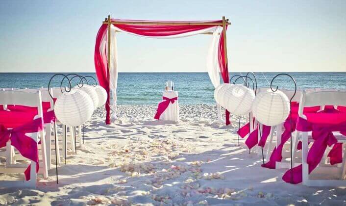 Dreamy Beach Wedding Ceremony Décor With Curtains, Display Box, Chair Sashes, Petals & Lanterns