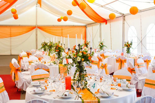 tablecloths at dinner banquet with chair covers and chair sashes